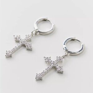 Iced Cross Silver Hoop Earring